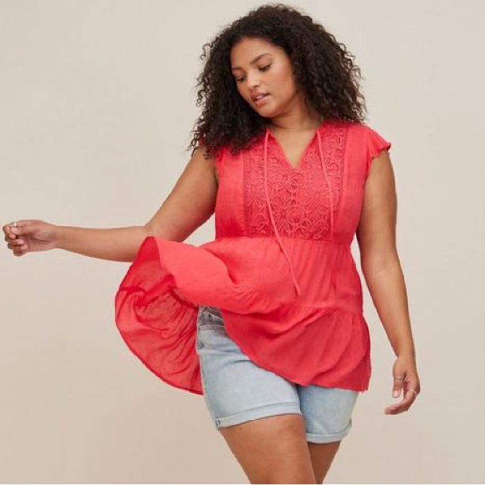 Torrid Chiffon Swiss Dot Lace Crochet Inset Tie-Front Top Blouse Plus Size 4X